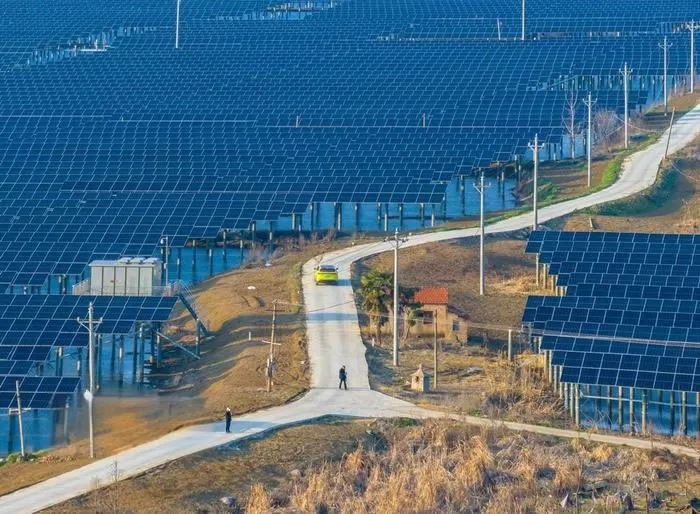 Aerial view of photovoltaic agricultural integration in Hanchuan Industrial Demonstration Park in Hubei Province